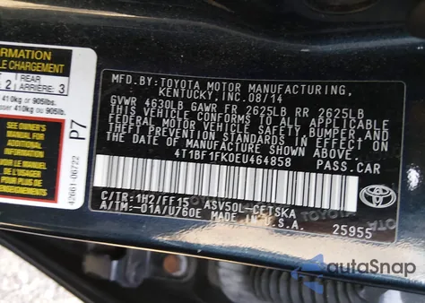 2014 Toyota Camry Se из США, поврежденный, VIN 4T1BF1FK0EU464858